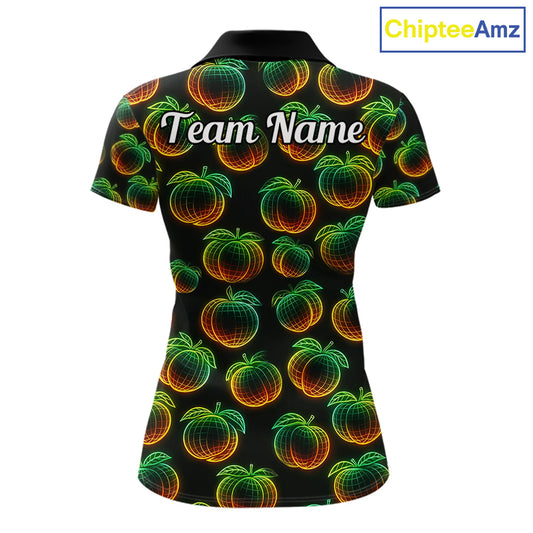 Funny Neon Colorful Peach In Dark Golf Women's Polo Shirt,  Funny Fruit Pattern Polo Top NHT578
