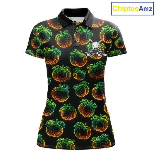 Funny Neon Colorful Peach In Dark Golf Women's Polo Shirt,  Funny Fruit Pattern Polo Top NHT578