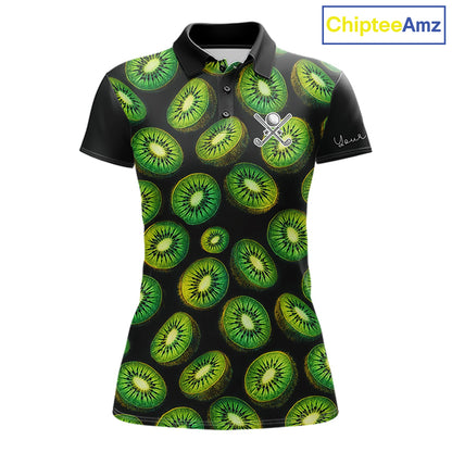 Funny Colorful Kiwi In Dark Golf Women's Polo Shirt,  Funny Fruit Pattern Polo Top NHT579
