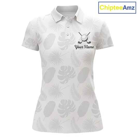 Womens Golf Polo Shirts Custom Gray Tropical Leaves Golf Shirts, Best Mens Golf Wears NHT783