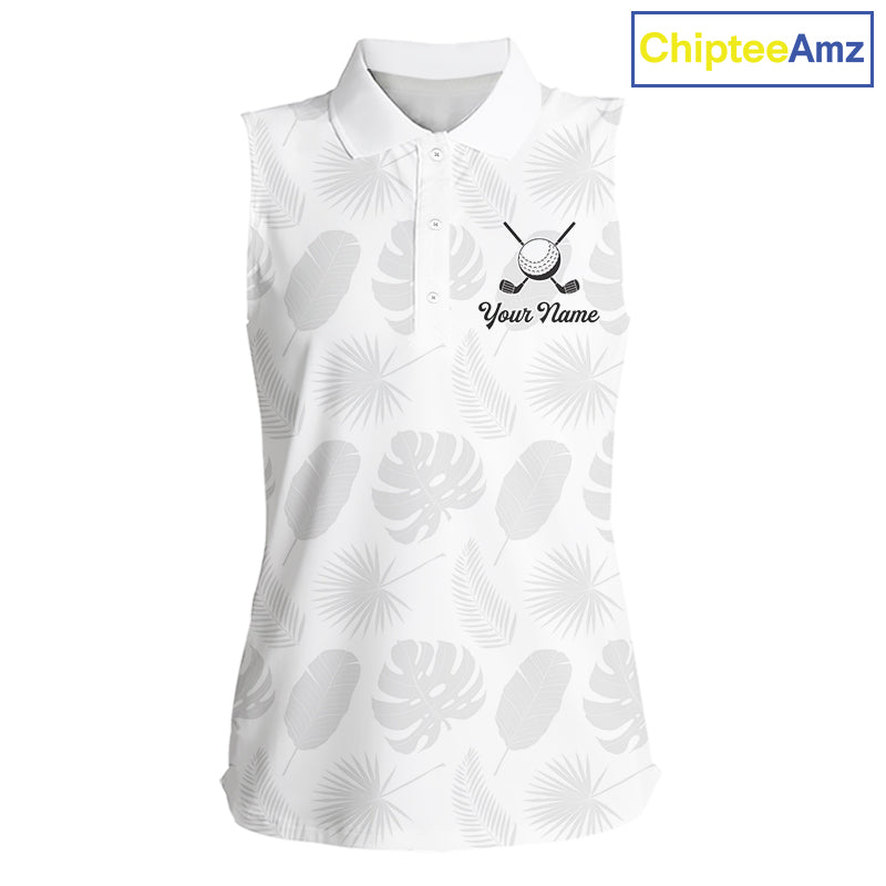 Sleeveless Womens Golf Polo Shirts Custom Gray Tropical Leaves Golf Shirts, Best Womens Golf Wears NHT783