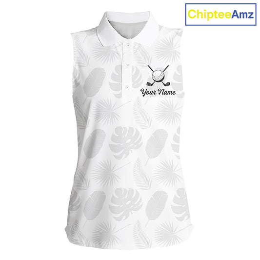 Sleeveless Womens Golf Polo Shirts Custom Gray Tropical Leaves Golf Shirts, Best Womens Golf Wears NHT783