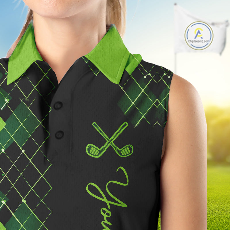 Sleeveless Womens Golf Polo Shirt Argyle Pattern Golf Shirts For Womens Funny White Green Golf Gifts NHT788