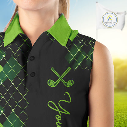 Sleeveless Womens Golf Polo Shirt Argyle Pattern Golf Shirts For Womens Funny White Green Golf Gifts NHT788