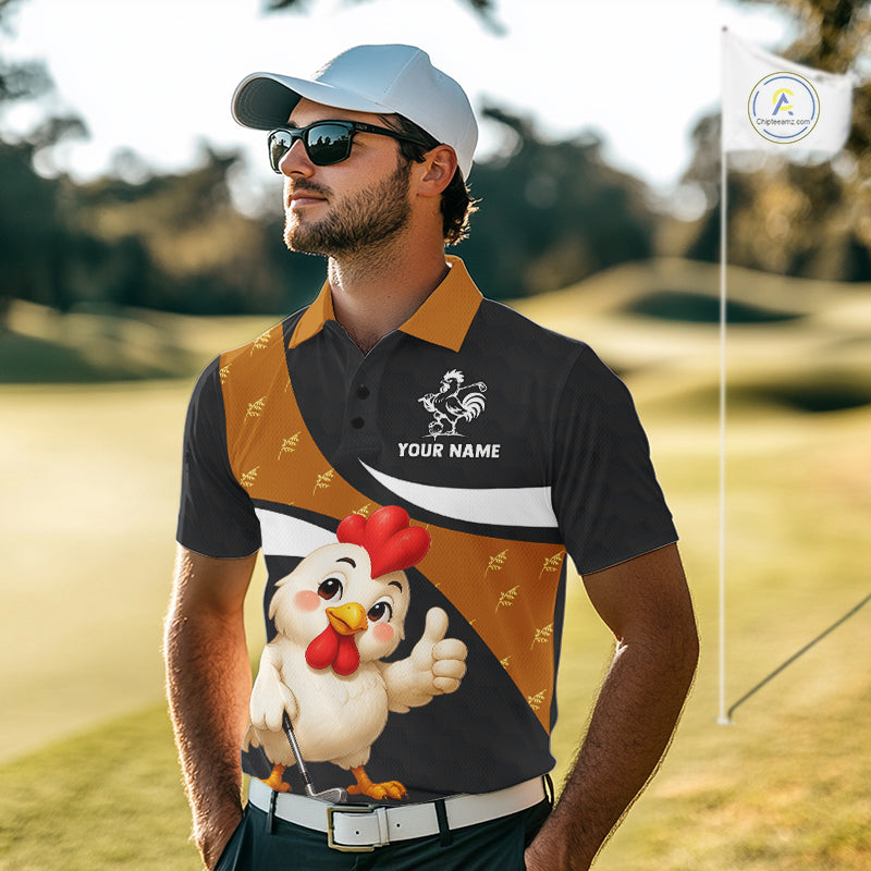 Funny chicken men golf polo shirt with rooster golfer design and custom name