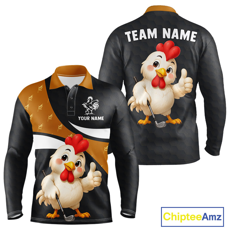 Funny chicken men golf polo shirt with rooster golfer design and custom name