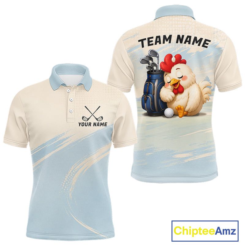 Funny chicken golf polo shirt personalized custom name blue golf polo for men