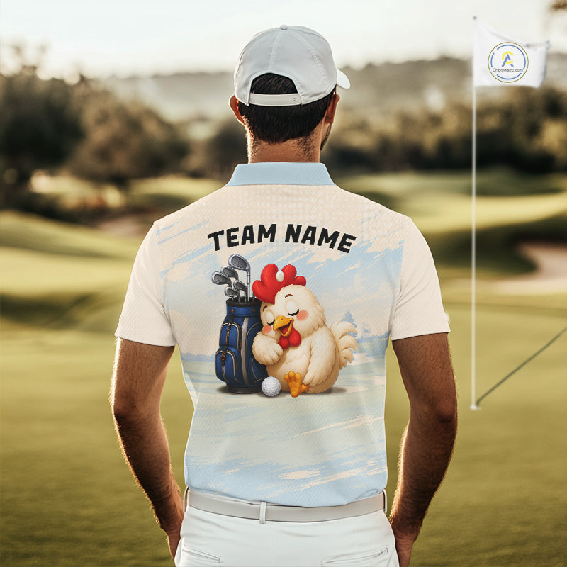 Funny chicken golf polo shirt personalized custom name blue golf polo for men