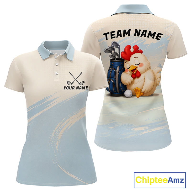 Funny Chicken Golf Polo Shirt for Womens  Personalized Custom Name Blue Golf Polo
