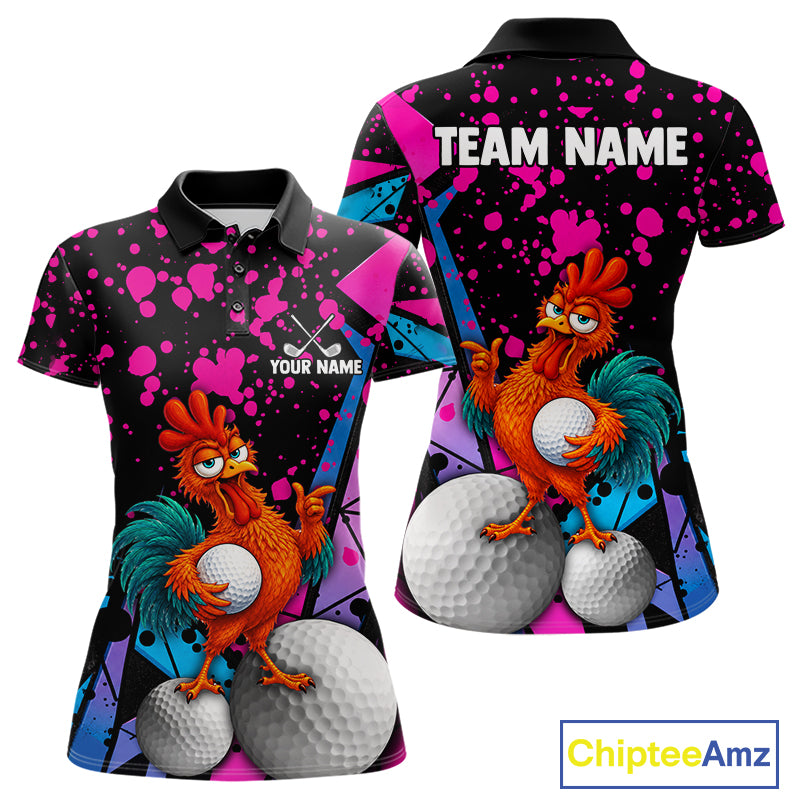 Custom short-sleeve polo shirt shown from front and back on a white background. The shirt has a black base with bright pink, blue, and purple paint splatter graphics, featuring a cartoon rooster holding a golf ball and large golf balls on the front, with 'TEAM NAME' and 'YOUR NAME' text areas on the back and front chest respectively.