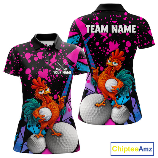 Custom short-sleeve polo shirt shown from front and back on a white background. The shirt has a black base with bright pink, blue, and purple paint splatter graphics, featuring a cartoon rooster holding a golf ball and large golf balls on the front, with 'TEAM NAME' and 'YOUR NAME' text areas on the back and front chest respectively.