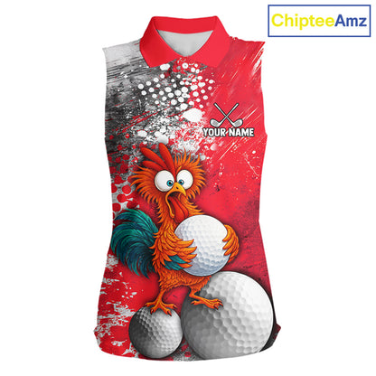 A sleeveless collared golf shirt with a red, white, and gray paint-splatter design, featuring a cartoon rooster holding golf balls and a customizable name print on the chest. A 'ChipteeAmz' logo is visible in the top right corner.
