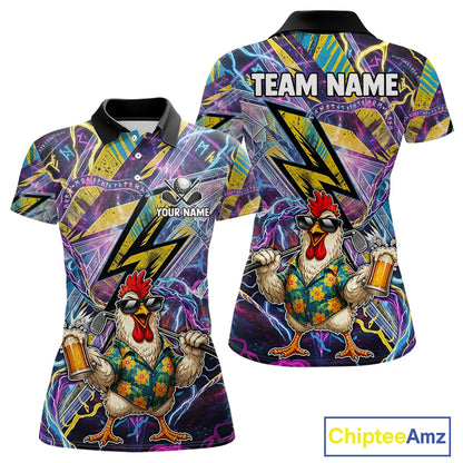 Custom short-sleeve polo shirt shown from front and back on a white background. The shirt features a vibrant, all-over graphic print with a cartoon chicken character wearing sunglasses and a floral shirt, holding beer mugs, with purple lightning bolts and abstract patterns.