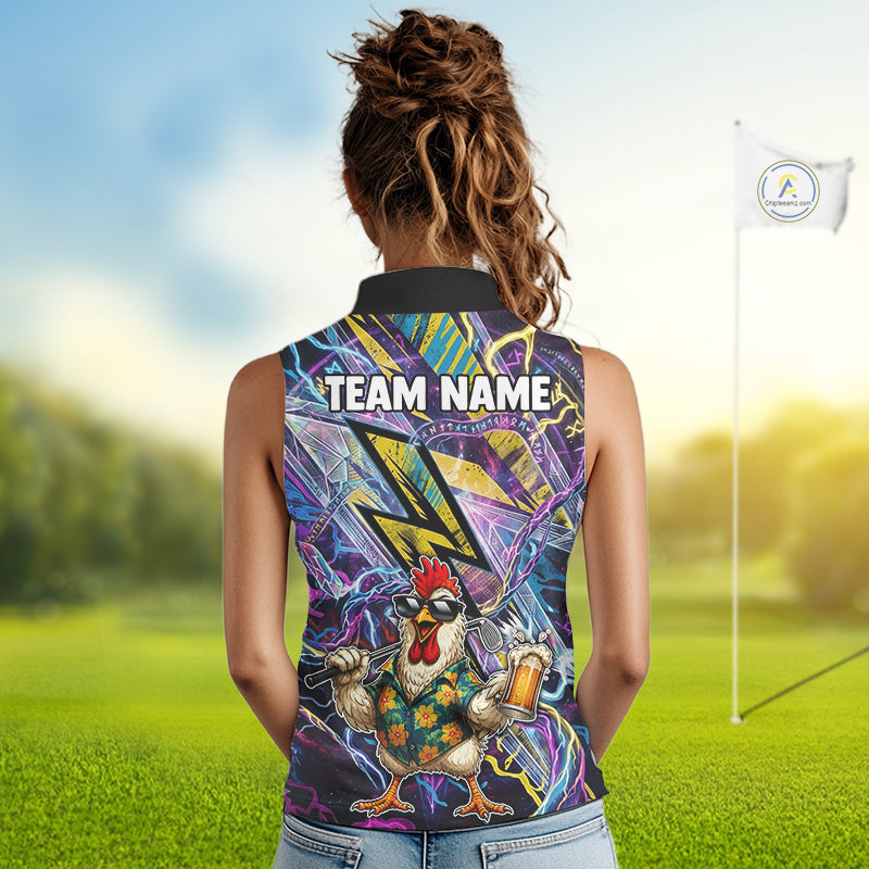 A woman viewed from behind wearing a sleeveless collared polo shirt with a colorful graphic print featuring a rooster and the text 'TEAM NAME' and 'EASTERN VALENCIA'. The background shows a blurred golf course with a flagpole.