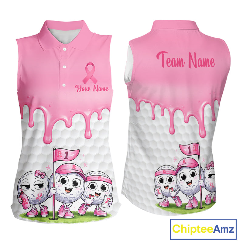 Funny Pink Ribbons Breast Cancer Awareness Sleeveless Women Golf Ball Polo Shirts Custom Golf Apparel For Women NHT795
