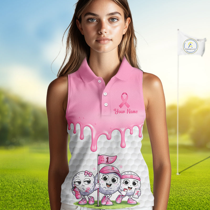 Funny Pink Ribbons Breast Cancer Awareness Sleeveless Women Golf Ball Polo Shirts Custom Golf Apparel For Women NHT795