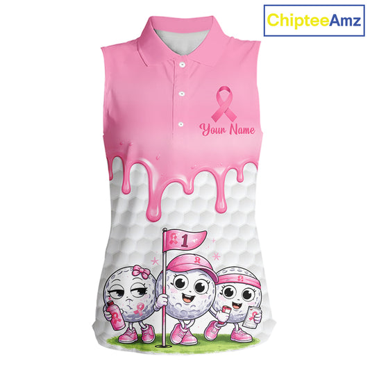 Funny Pink Ribbons Breast Cancer Awareness Sleeveless Women Golf Ball Polo Shirts Custom Golf Apparel For Women NHT795