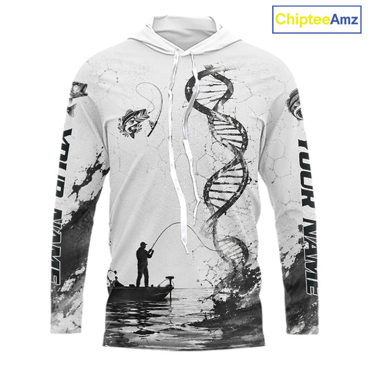 Largemouth Bass Fishing Long Sleeve Hooded Shirt Fisherman Boat DNA Art Graphic For Anglers For Men