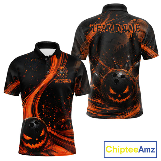 Front and back views of a black short-sleeve polo shirt with an orange and black Halloween theme, featuring a jack-o'-lantern bowling ball graphic, swirling flame-like patterns, and customizable 'TEAM NAME' text on the back.
