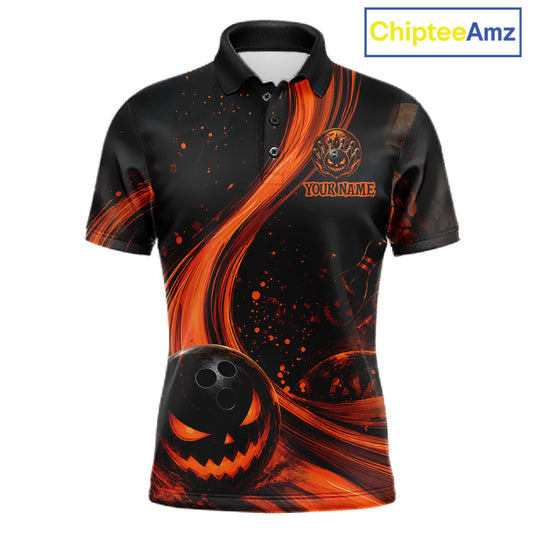 A black short-sleeve polo shirt with a Halloween-themed graphic print featuring orange swirls, glowing orange dots, a jack-o'-lantern bowl, and a customizable chest emblem with the text 'YOURNAME'. The shirt is displayed on a white background with a 'ChipteeAmz' logo in the top right corner.