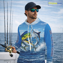 Load image into Gallery viewer, Personalized Mahi Mahi, Marlin, Tuna Blue Performance Fishing Shirt, Hooded Saltwater Tournament Shirts NHT600
