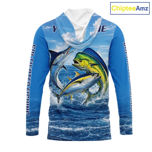 Personalized Mahi Mahi, Marlin, Tuna Blue Performance Fishing Shirt, Hooded Saltwater Tournament Shirts NHT600