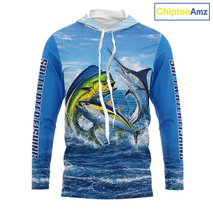 Personalized Mahi Mahi, Marlin, Tuna Blue Performance Fishing Shirt, Hooded Saltwater Tournament Shirts NHT600