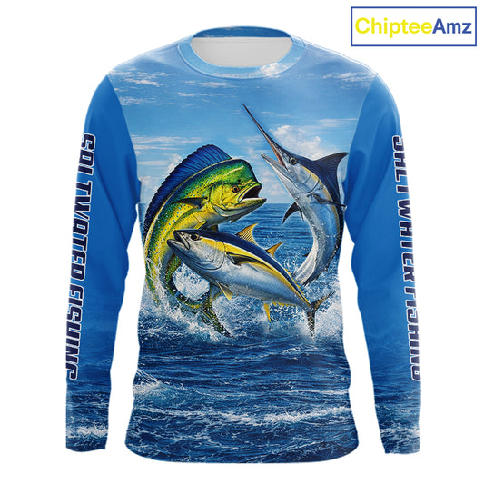Personalized Mahi Mahi, Marlin, Tuna Blue Performance Fishing Shirt, Saltwater Tournament Shirts NHT600