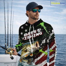 Load image into Gallery viewer, Best Bass Fishing Shirts Long Sleeve Hooded American Flag Patriotic Custom Name Fishing Tournament NHT964