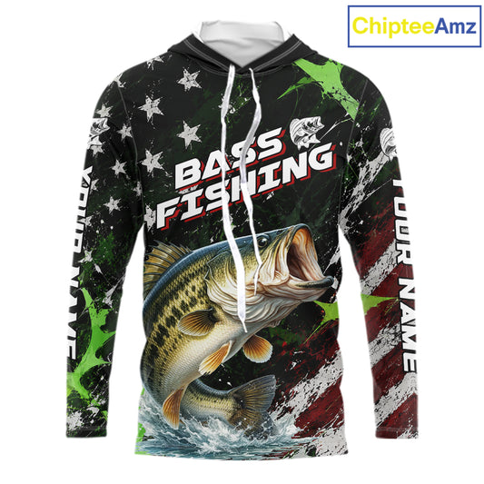 Best Bass Fishing Shirt Long Sleeve Hooded American Flag Patriotic Custom Name