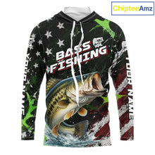 Load image into Gallery viewer, Best Bass Fishing Shirt Long Sleeve Hooded American Flag Patriotic Custom Name