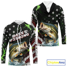 Load image into Gallery viewer, Best Bass Fishing Shirt Long Sleeve Hooded American Flag Patriotic Custom Name
