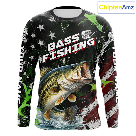 Best Bass Fishing Shirt Long Sleeve American Flag Patriotic Custom Name