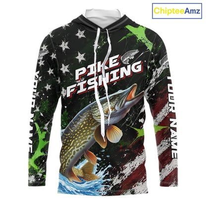 Best Pike Fishing Shirt Long Sleeve Hooded American Flag Patriotic Custom Name
