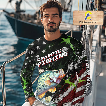 Best Crappie Fishing Shirts Long Sleeve American Flag Patriotic Custom Name Fishing Jersey NHT966
