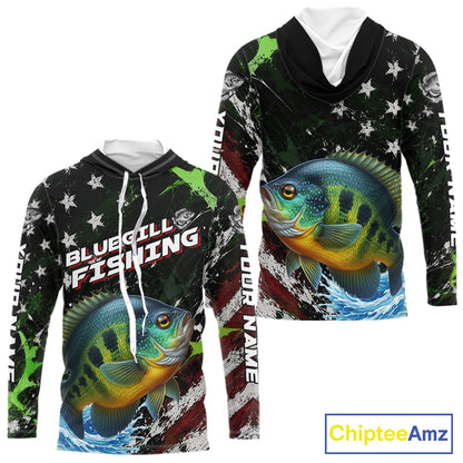Best Bluegill Fishing Shirt Long Sleeve Hooded American Flag Patriotic Custom Name