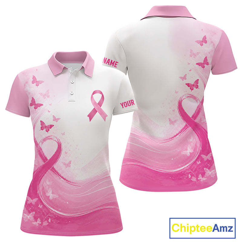 Personalized Breast Cancer Awareness Women’s Golf Polo Pink Ribbon & Butterflies Custom Name