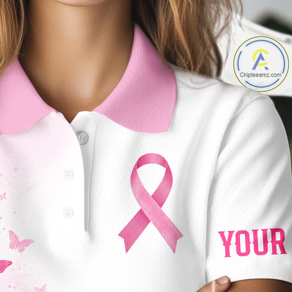 Personalized Breast Cancer Awareness Women’s Golf Polo Pink Ribbon & Butterflies Custom Name