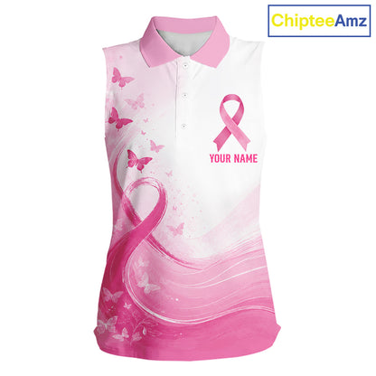 Personalized Breast Cancer Awareness Women’s Sleeveless Golf Polo Pink Ribbon & Butterflies Custom Name NHT975 - Women's S...