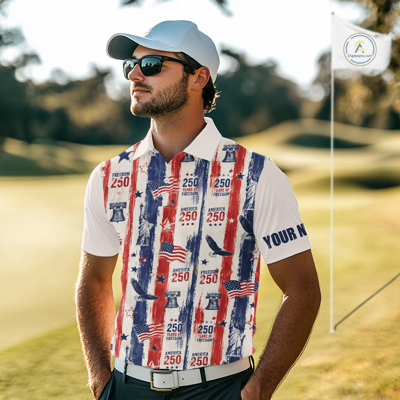 Man wearing a patriotic-themed golf shirt on a golf course