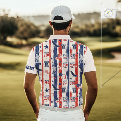 Man wearing a patriotic-themed golf shirt on a golf course