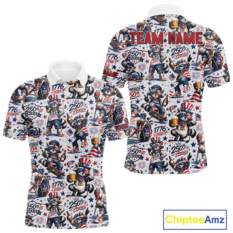 Funny Patriotic Raccoon Personalized Men's Golf Polo Shirt- America 250 Years Golf Gift