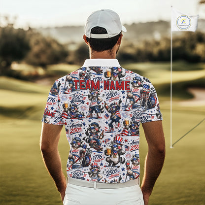 Man wearing a colorful patterned shirt with 'TEAM NAME' on a golf course