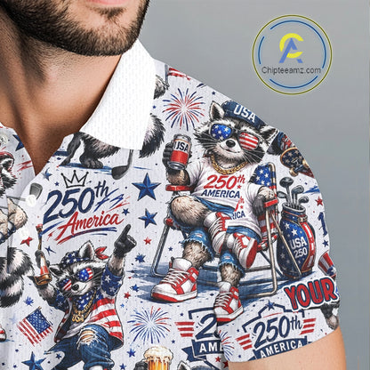 Funny Patriotic Raccoon Personalized Men's Golf Polo Shirt- America 250 Years Golf Gift