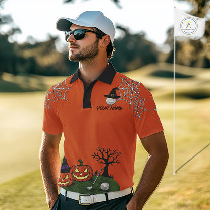 A man wearing a bright orange Halloween-themed golf polo shirt with spiderwebs, jack-o'-lanterns, a bare tree, and a golf club graphic, standing on a blurred golf course.
