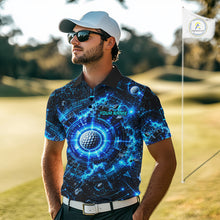 Load image into Gallery viewer, Man wearing a custom golf shirt with a blue and black design on a golf course