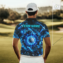 Load image into Gallery viewer, Person wearing a blue and black patterned golf shirt with 'TEAM NAME' on a golf course.