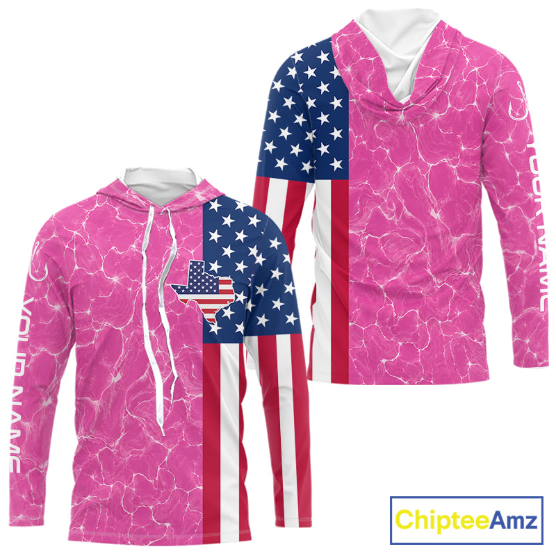 Texas Fishing Shirt Pink American Flag Men's Long Sleeve Hooded Fishing Apparel NHT1152