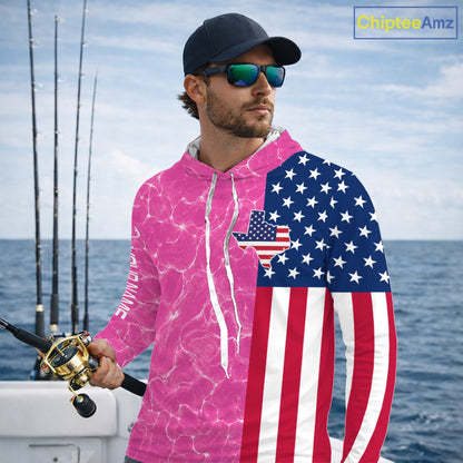 Texas Fishing Shirt Pink American Flag Men's Long Sleeve Hooded Fishing Apparel NHT1152