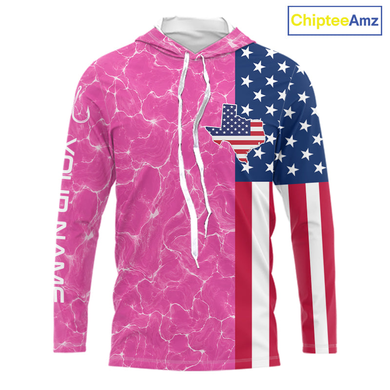 Texas Fishing Shirt Pink American Flag Men's Long Sleeve Hooded Fishing Apparel NHT1152
